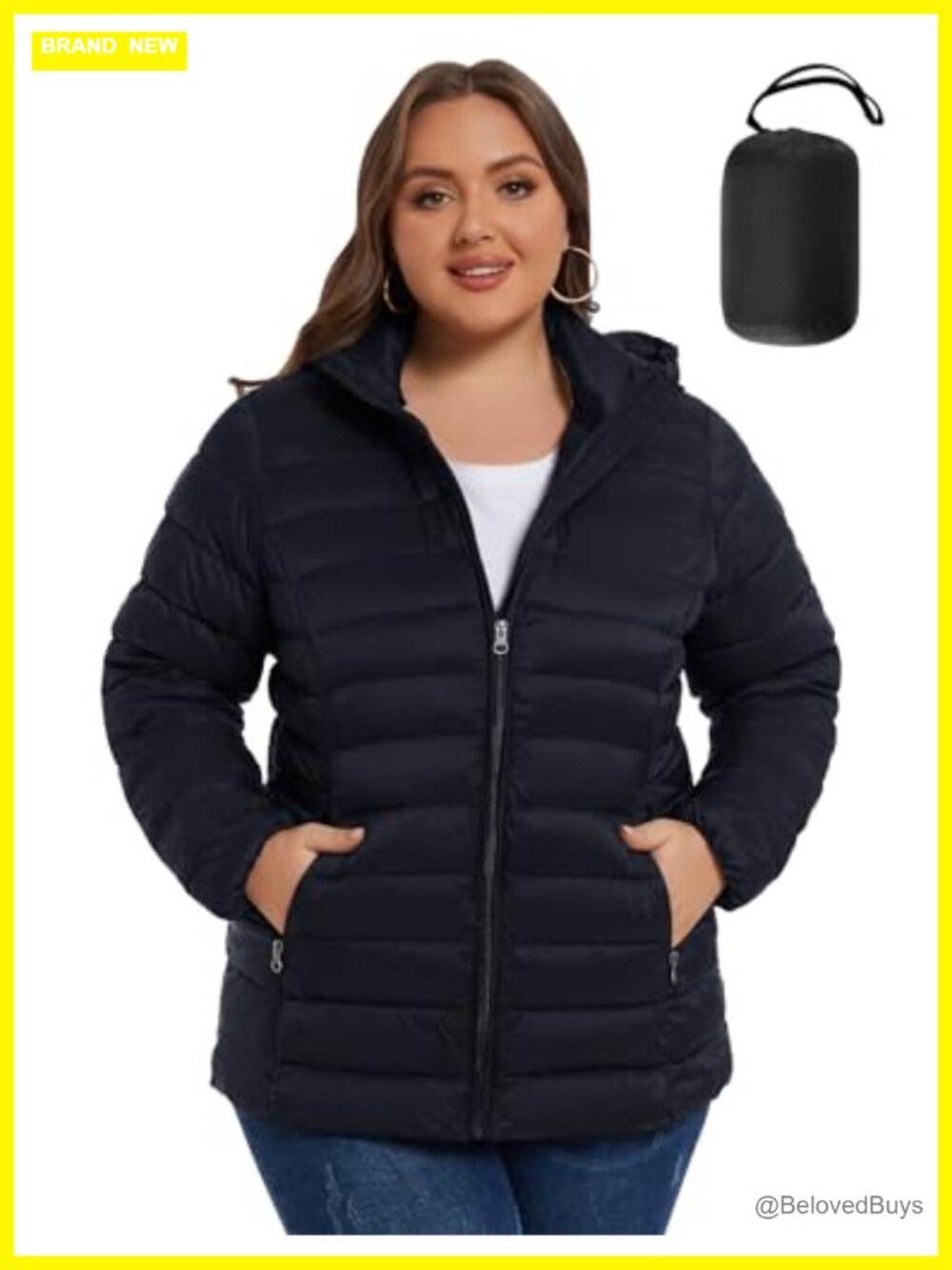 Plus Size Hooded Puffer Jacket Packable Water Repellent Quilted Hip Length